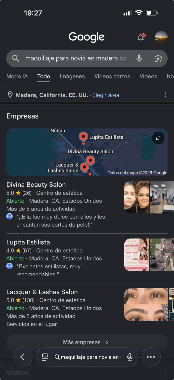 Captura de Google mostrando a Lupita Estilista en el Top 3 - Búsqueda: maquillaje de novia