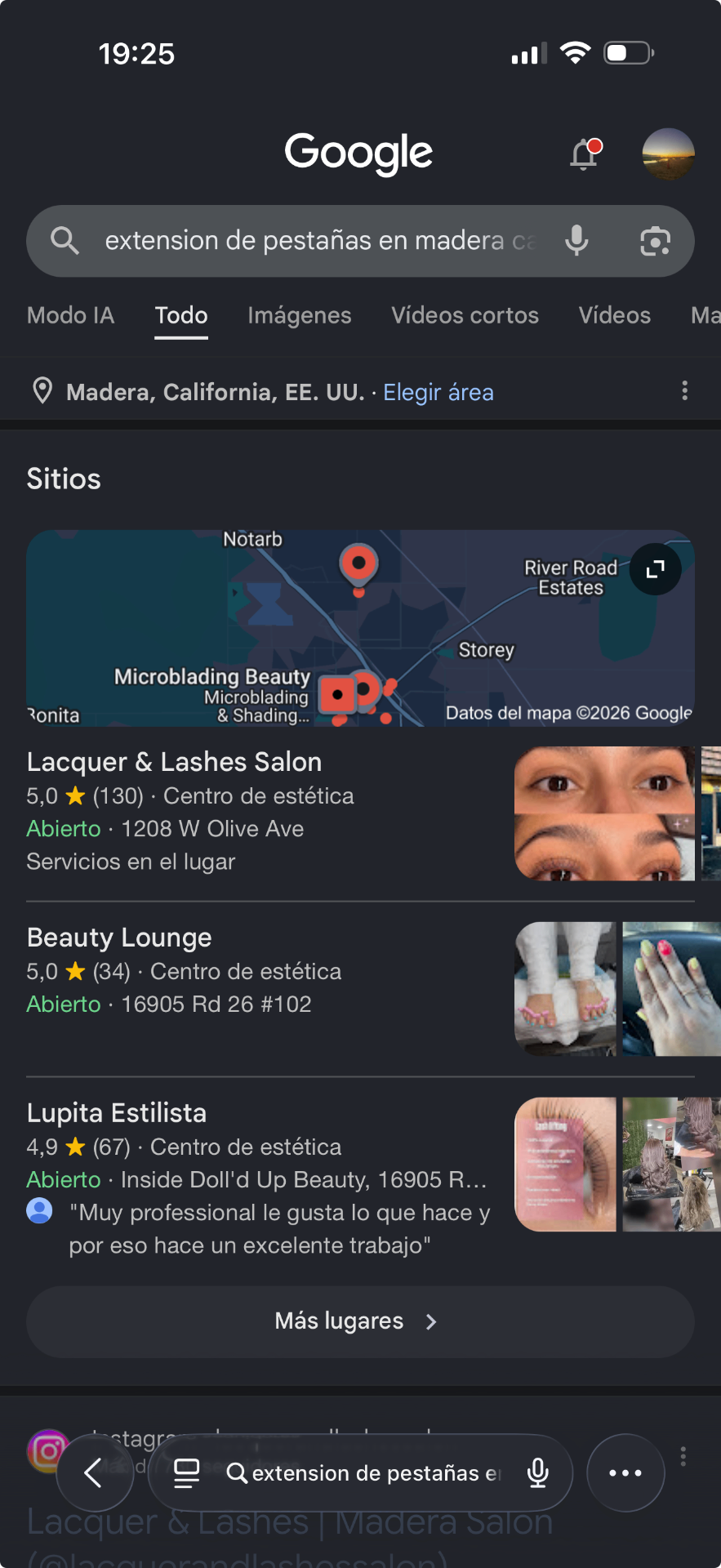 Captura de Google mostrando a Lupita Estilista en el Top 3 - Búsqueda: extensión de pestañas