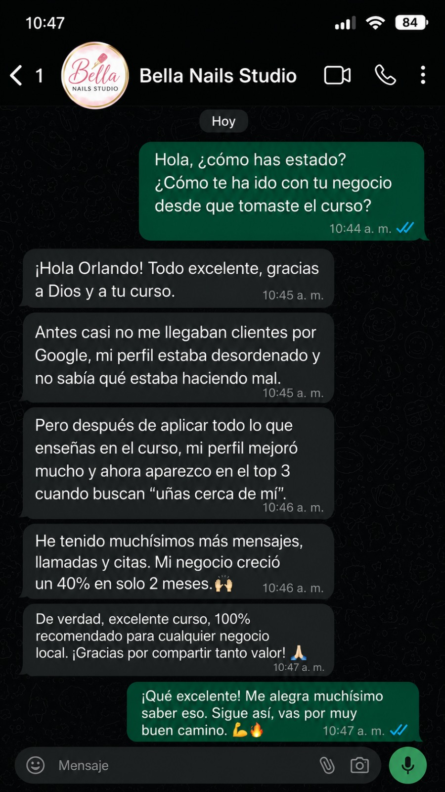 Testimonio por WhatsApp de Bella Nails Studio
