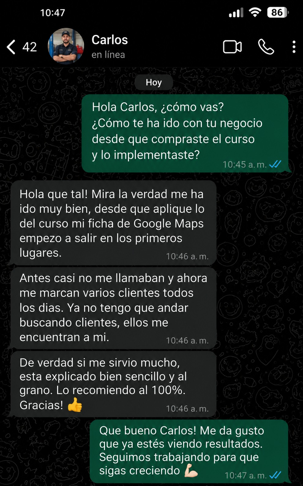 Testimonio por WhatsApp de Carlos (taller mecánico)