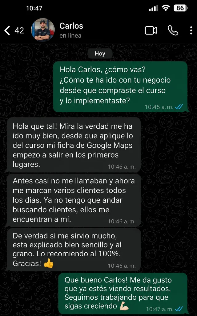 Testimonio por WhatsApp de Carlos (taller mecánico)