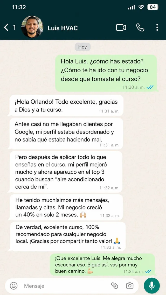 Testimonio por WhatsApp de Luis HVAC