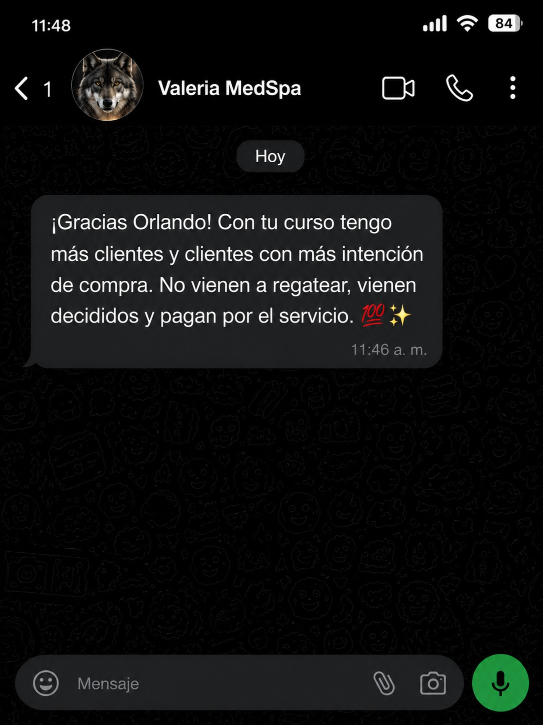 Testimonio por WhatsApp de Valeria MedSpa